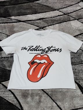 THE ROLLING STONES WHITE CLASSIC TONGUE & LIPS GRAPHIC LOGO CROPPED RAW-HEM TEE-